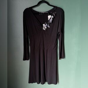 Black Long-Sleeve V-Neck Dress with Ruffle Trim